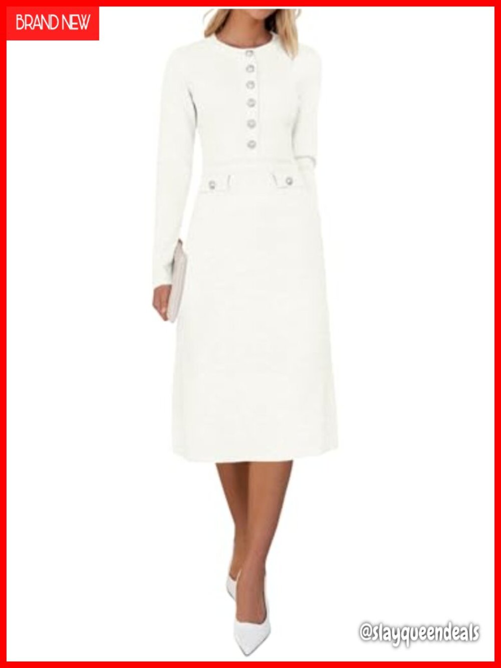 Womens Long Sleeve Knit Sweater Dress Bodycon Crew Neck Button Decor Midi